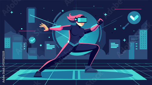 Train like a ninja in a futuristic VR world using advanced technology and precision movements to complete a series of challenging tasks.. Vector illustration