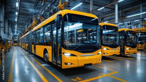 Trolleybus Assembly Line: Gleaming Yellow Electric Buses Ready for the Road