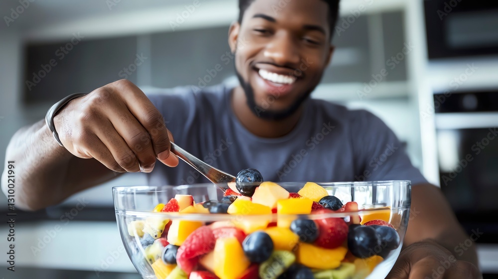 A man is eating a bowl of fruit A man is eating a bowl of fruit