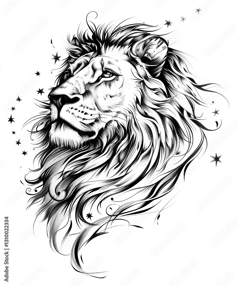 Obraz premium PNG Celestial illustration of Lion with Stars majestic animal white.