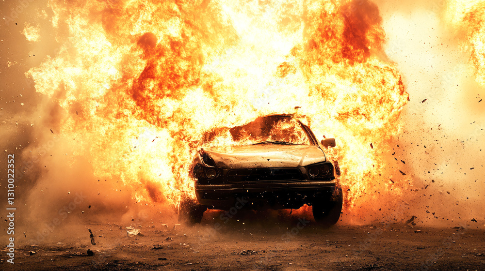 Intense explosion engulfs car in fiery blast with dramatic flames and smoke Intense explosion engulfs car in fiery blast with dramatic flames and smoke