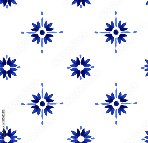 Hand painted watercolor flower like Moroccan scroll ornamental allover seamless tile pattern in repeat.