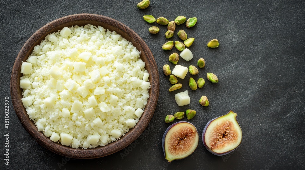 Overhead Shot of Creamy White Cheese Crumbles with Figs and Pistachios on Dark Background Overhead Shot of Creamy White Cheese Crumbles with Figs and Pistachios on Dark Background