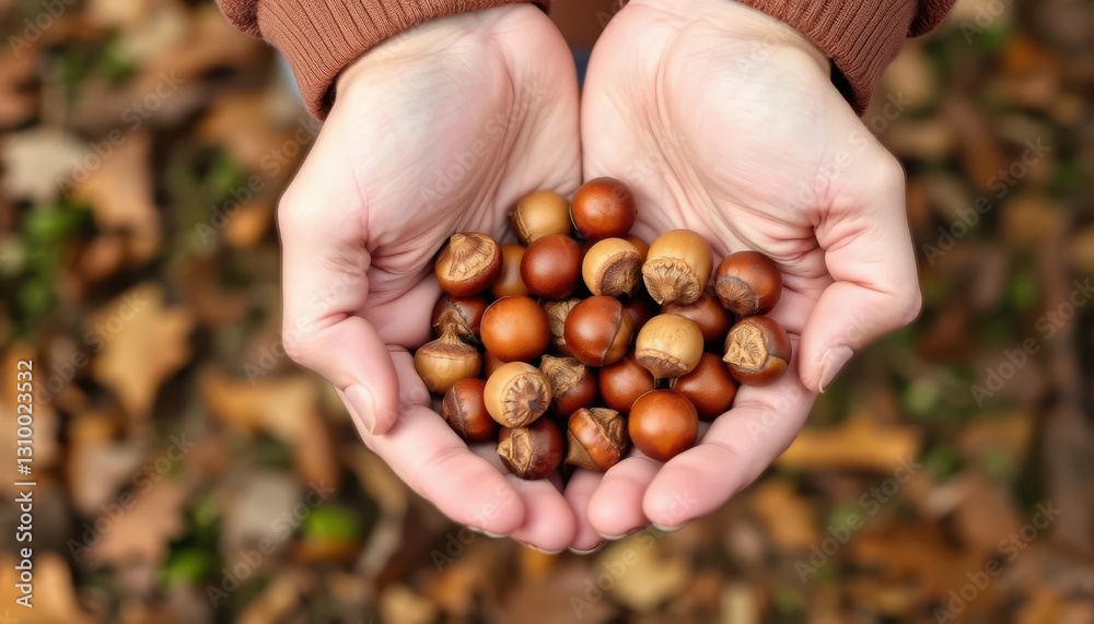 Gathering hazelnuts in autumn natural gathering forest floor close-up perspective sustainable harvesting practices Gathering hazelnuts in autumn natural gathering forest floor close-up perspective sustainable harvesting practices