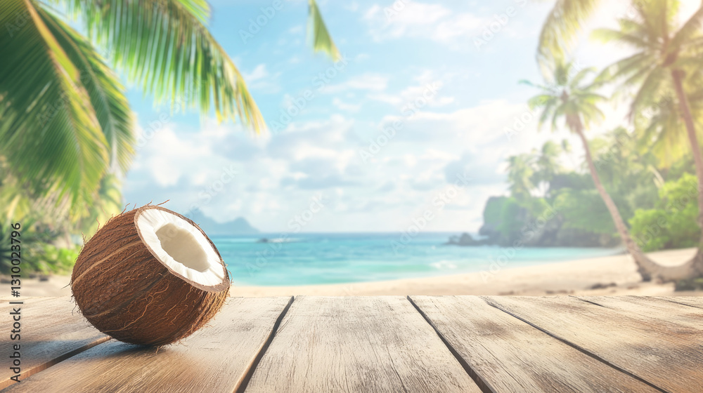 Obraz premium Tropical beach with coconut on wooden deck under palm trees and sunlight