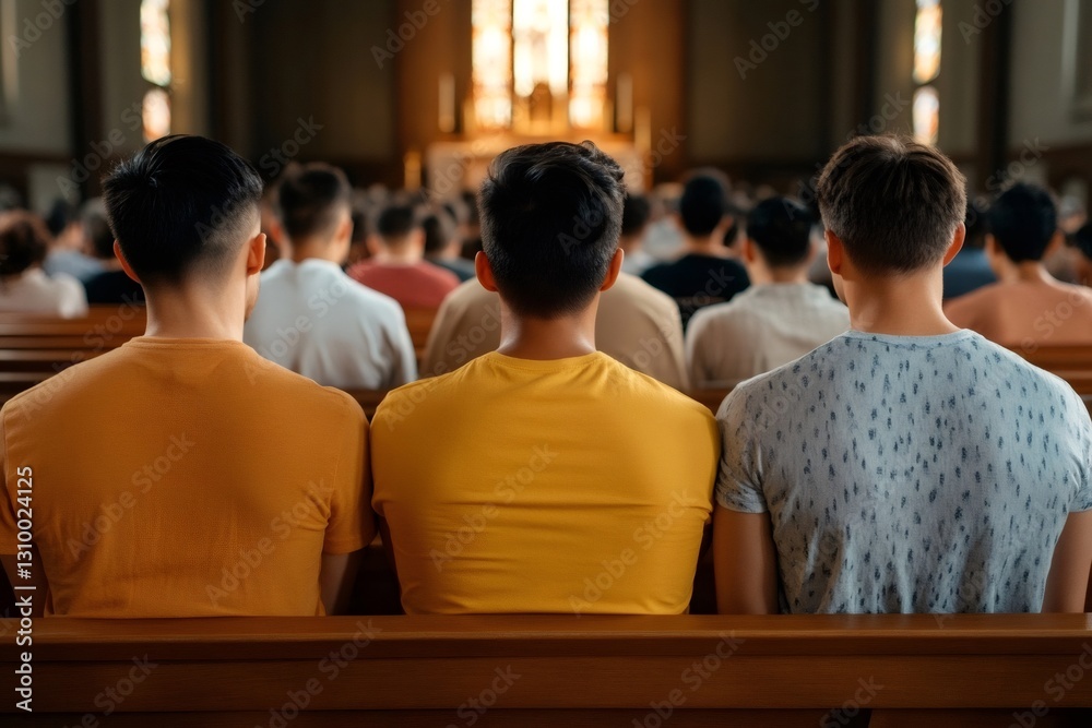 Young people praying inside a church during a mass Young people praying inside a church during a mass