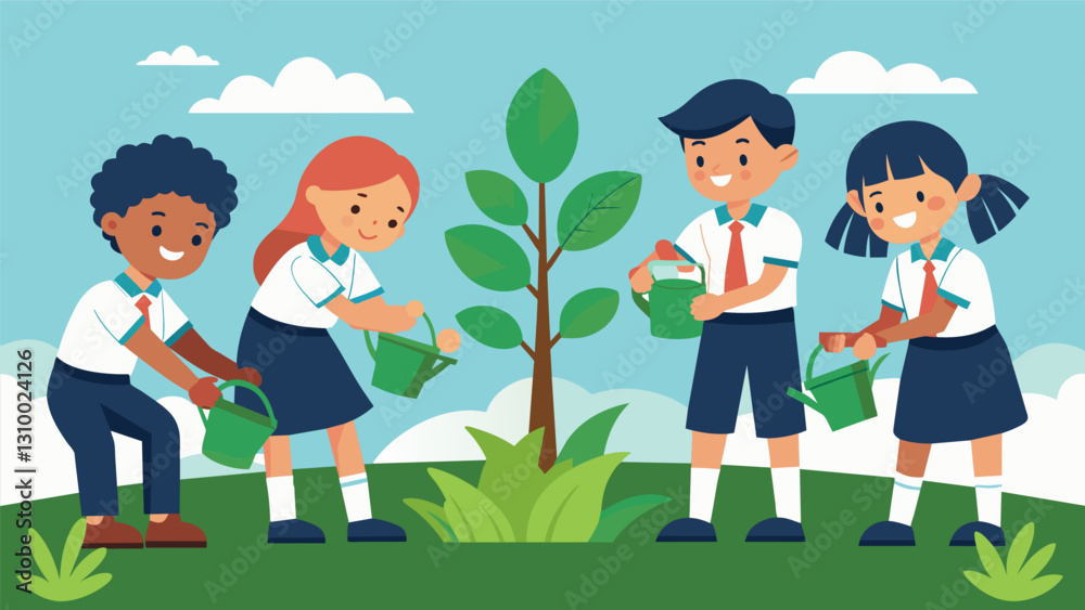 A group of students planting trees in their new school uniforms symbolizing the growth and sustainability of the Sustainable School Uniform Program.. Vector illustration A group of students planting trees in their new school uniforms symbolizing the growth and sustainability of the Sustainable School Uniform Program.. Vector illustration