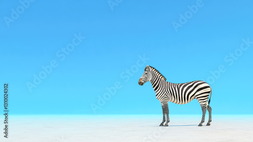 Solitary zebra standing in bright desert landscape under clear blue sky