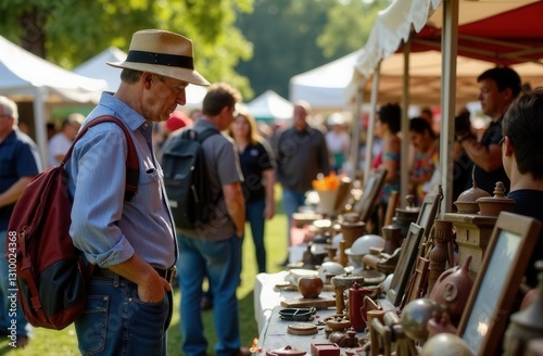 Exploring antique market finds in a bustling outdoor shopping festival