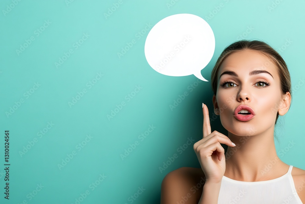 Young woman having an idea pointing at speech bubble on turquoise background Young woman having an idea pointing at speech bubble on turquoise background