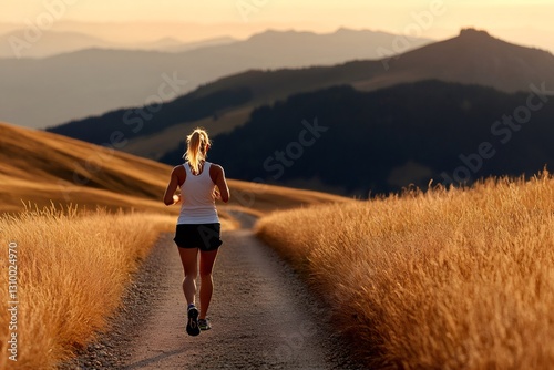 Young sportswoman running on a mountain road at sunset