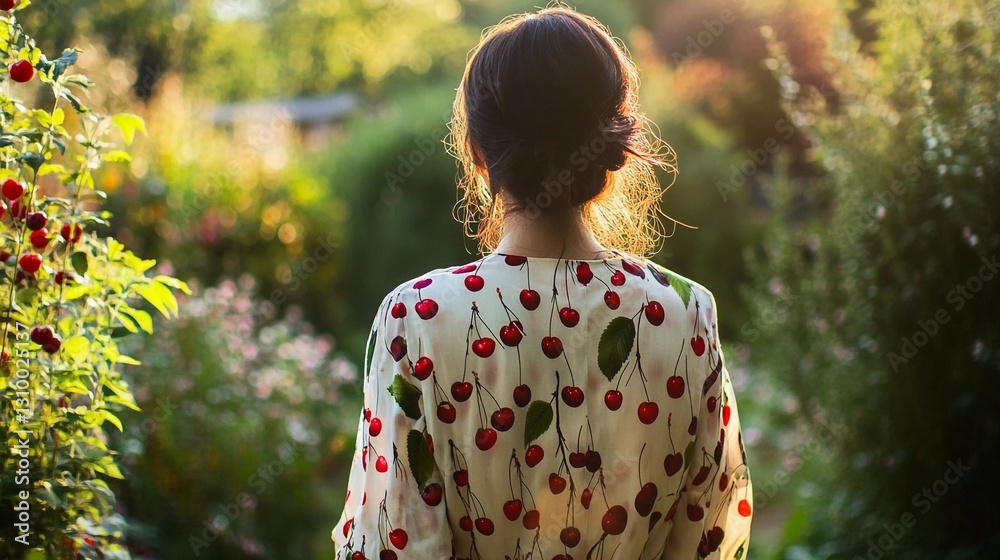 Woman stands in a vibrant garden surrounded by blooming flowers during golden hour light Woman stands in a vibrant garden surrounded by blooming flowers during golden hour light