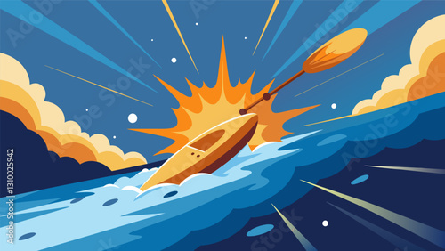 A burst of sunlight catches the spray behind the kayak as it hurtles towards the end of the rapid descent completing the exhilarating journey.. Vector illustration