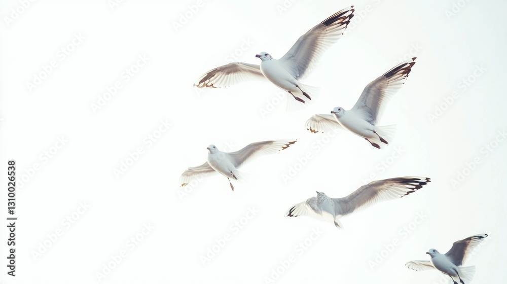 Obraz premium Seagulls soaring sky over coastal region nature scene open air aerial view avian behavior