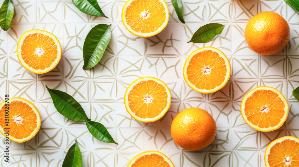 Fresh sliced oranges and green leaves on geometric patterned background Fresh sliced oranges and green leaves on geometric patterned background