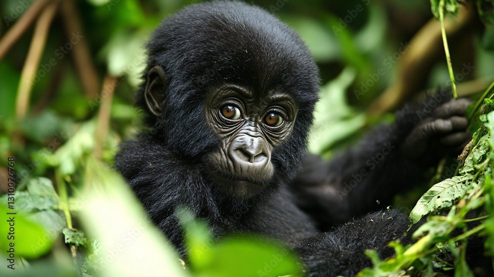 Obraz premium Adorable baby gorilla in Uganda forest