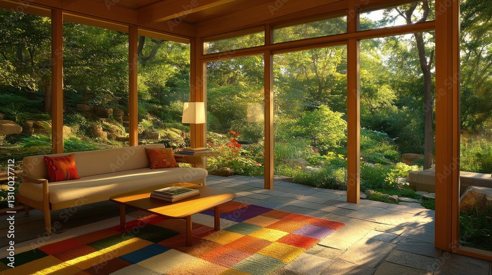 Fototapeta premium Modern sunroom with a view of a lush garden.