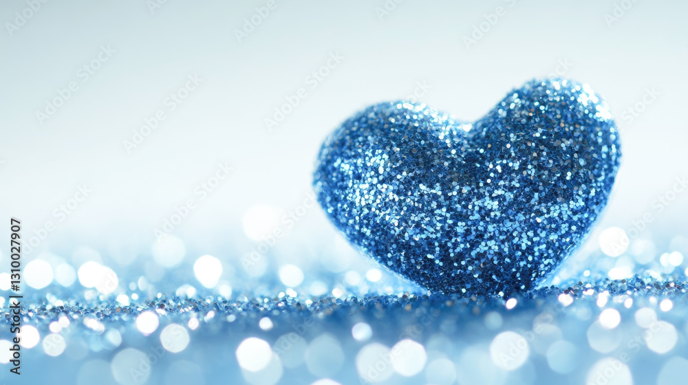 Fototapeta premium Glittering blue heart on sparkling surface with soft bokeh effect
