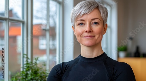 Portrait of a Smiling Woman with Short Grey Hair, Wearing a Black Shirt, Indoors Near a Window