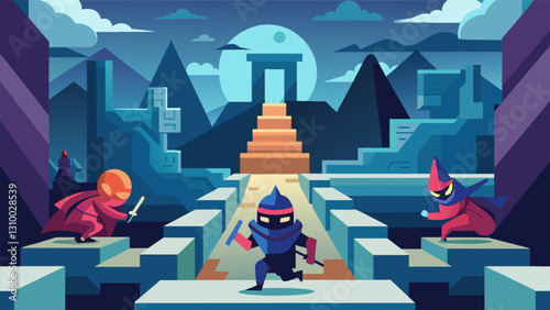Survive a virtual ninja quest battling through a maze of ancient ruins and treacherous s to earn your place a the elite.. Vector illustration