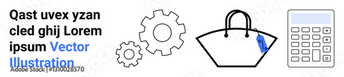 Gear wheels, shopping bag with tag, and calculator highlight commerce, business, cost analysis, technology. Ideal for marketing, e-commerce, process optimization data analytics innovation flat