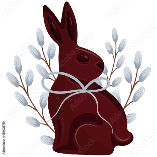 icon of a chocolate Easter bunny turned to the left with a white bow around its neck and willow, for Easter decorations