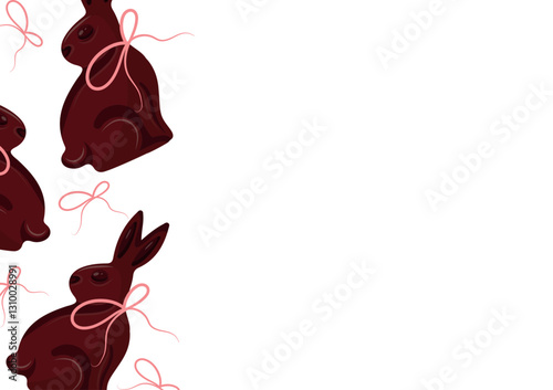 poster with chocolate Easter bunnies sitting on their hind legs and turned to the side with pink ribbons, for Easter decorations