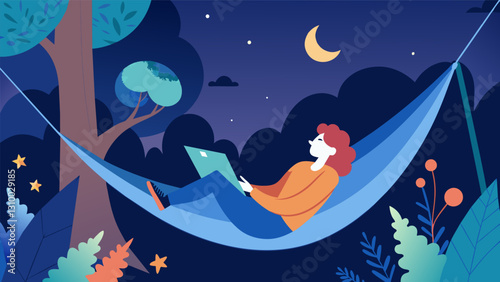 In the comfort of their own backyard a person reclines in a hammock filling their journal with their innermost thoughts and musings under the beauty. Vector illustration