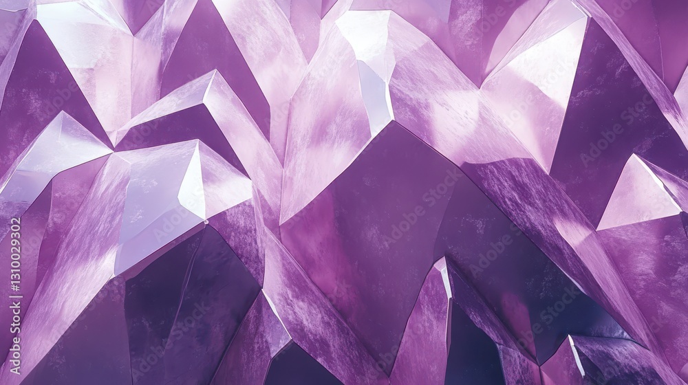 Amethyst Geometry: Abstract Mountainscape of Polished Crystal Forms and Geometric Textures in Lilac and Violet.