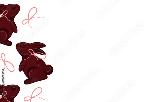 poster with chocolate Easter bunnies standing on their hind legs with pink ribbons, for Easter decorations