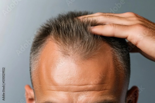 Man checking hair loss, touching thinning hair on head photo