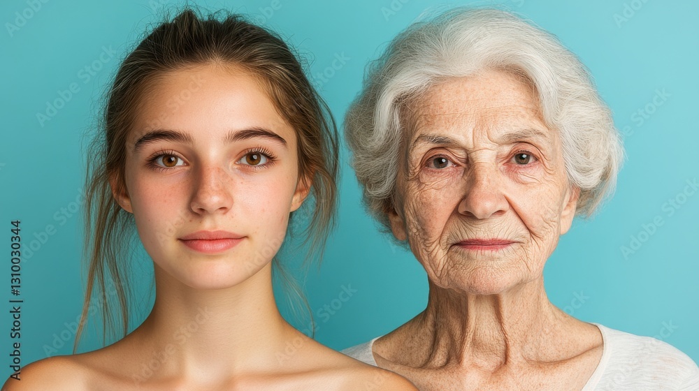 Generations: Youth and Age in Shared Portrait; Two Women Side-by-Side Contrasting Beauty, Wisdom