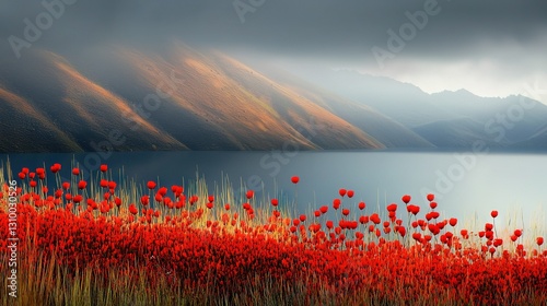   Red flowers in foreground, mountain range in background - A large body of water