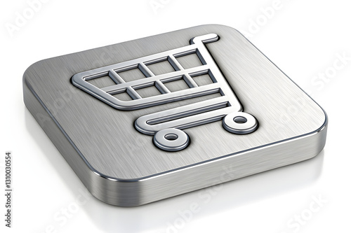 High-Resolution 3D Shopping Cart Icon, Sleek Metallic E-Commerce Design