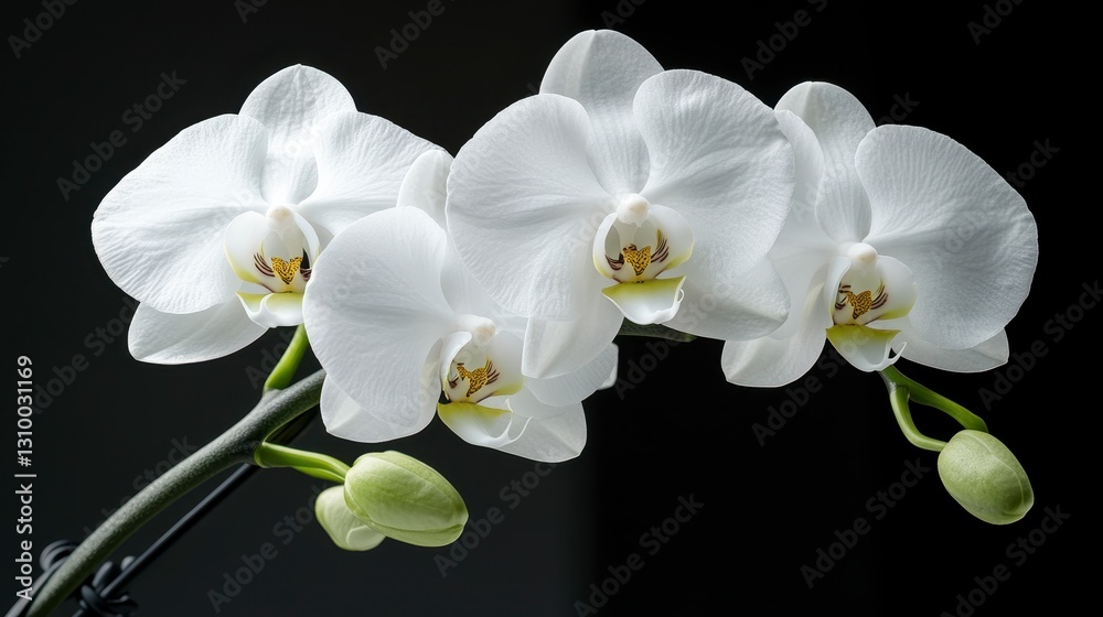 Fototapeta premium Three White Orchids with Dew Drops Against Dark Background