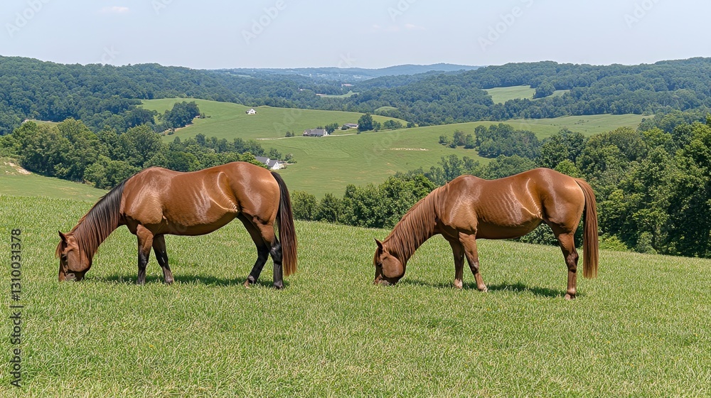 Obraz premium Two Brown Horses Grazing in a Lush Green Pasture with Rolling Hills in the Background