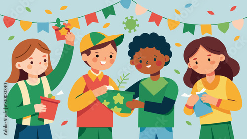 A group of children creating festive paper garlands from recycled materials at a community center.. Vector illustration