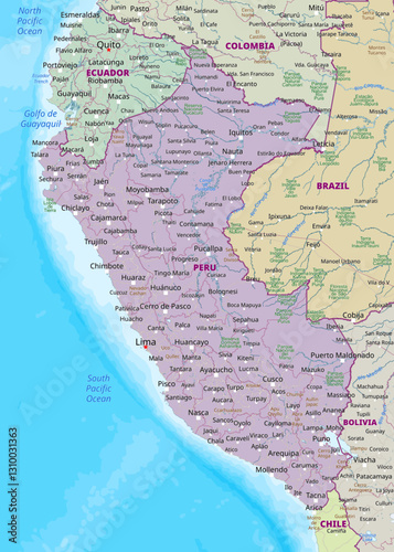 This detailed map of Peru showcases the country's geography, highlighting major cities, rivers, and bordering countries. The map uses a color scheme to differentiate regions and features.