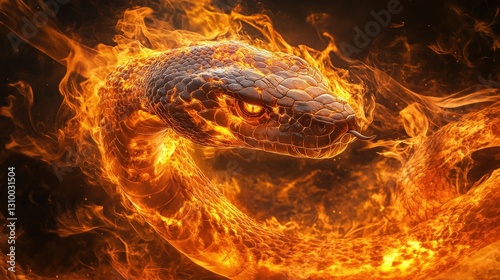 An intense, fiery snake's head dominates the scene, its serpentine form enshrouded in vibrant orange and yellow flames, crafting a mesmerizing dance of light and shadow photo