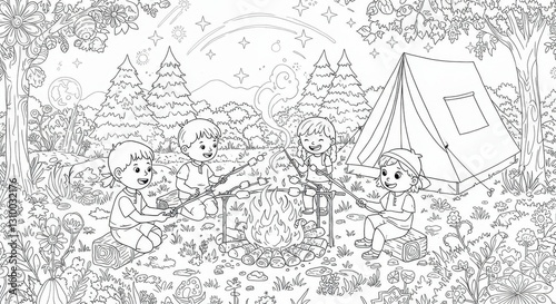Children Roasting Marshmallows Around a Campfire