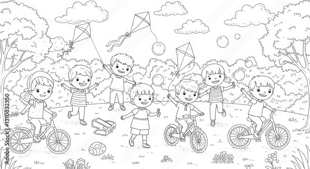 Children Playing in a Park with Kites, Bubbles, and Bikes Children Playing in a Park with Kites, Bubbles, and Bikes