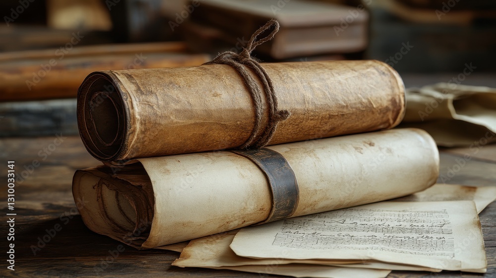 Ancient Knowledge: Rolled Parchments and Musical Scores on Weathered Wood Ancient Knowledge: Rolled Parchments and Musical Scores on Weathered Wood