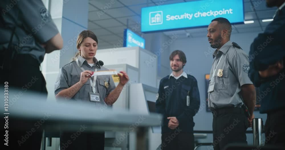 Airport Staff Briefing: Female Security Officer Providing Instruction, Holding Boarding Pass, Explaining Procedures and Specific Details to Team of Workers. Transportation Security Administration.