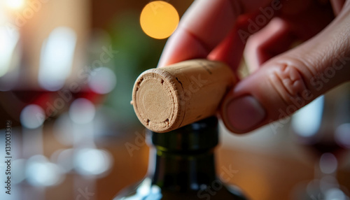 Wine cork is being removed by a hand from a green bottle in a cozy setting during a gathering