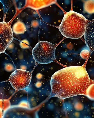 neuroscience of happiness, futuristic neuroscience visualization, Abstract representation of interconnected neurons showcasing their vibrant colors and structure against a dark background.