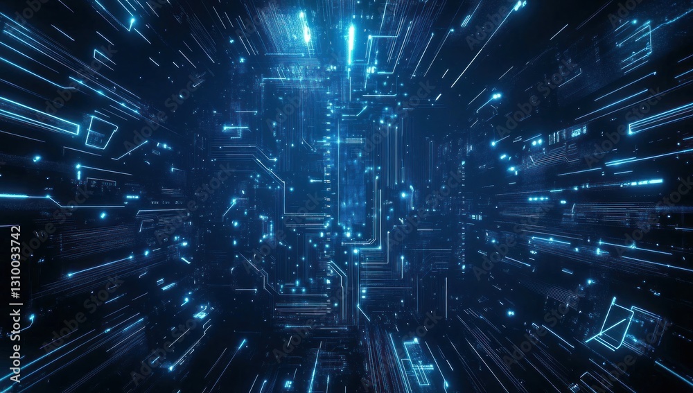 Abstract digital tunnel with glowing lines and circuits. Abstract digital tunnel with glowing lines and circuits.