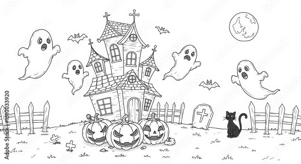 Spooky Fun Halloween Scene with Haunted House and Friendly Ghosts Spooky Fun Halloween Scene with Haunted House and Friendly Ghosts