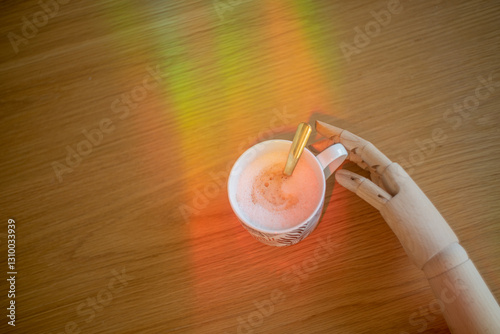 Wooden mannequin's hand touching cup of cappuccino in the magic light.