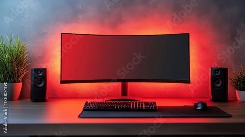 Ultra-Wide Curved Gaming Monitor Setup with Red Ambient Lighting and Speakers