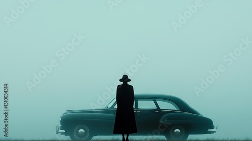   A person stands in front of a car on a foggy field, blue sky visible
